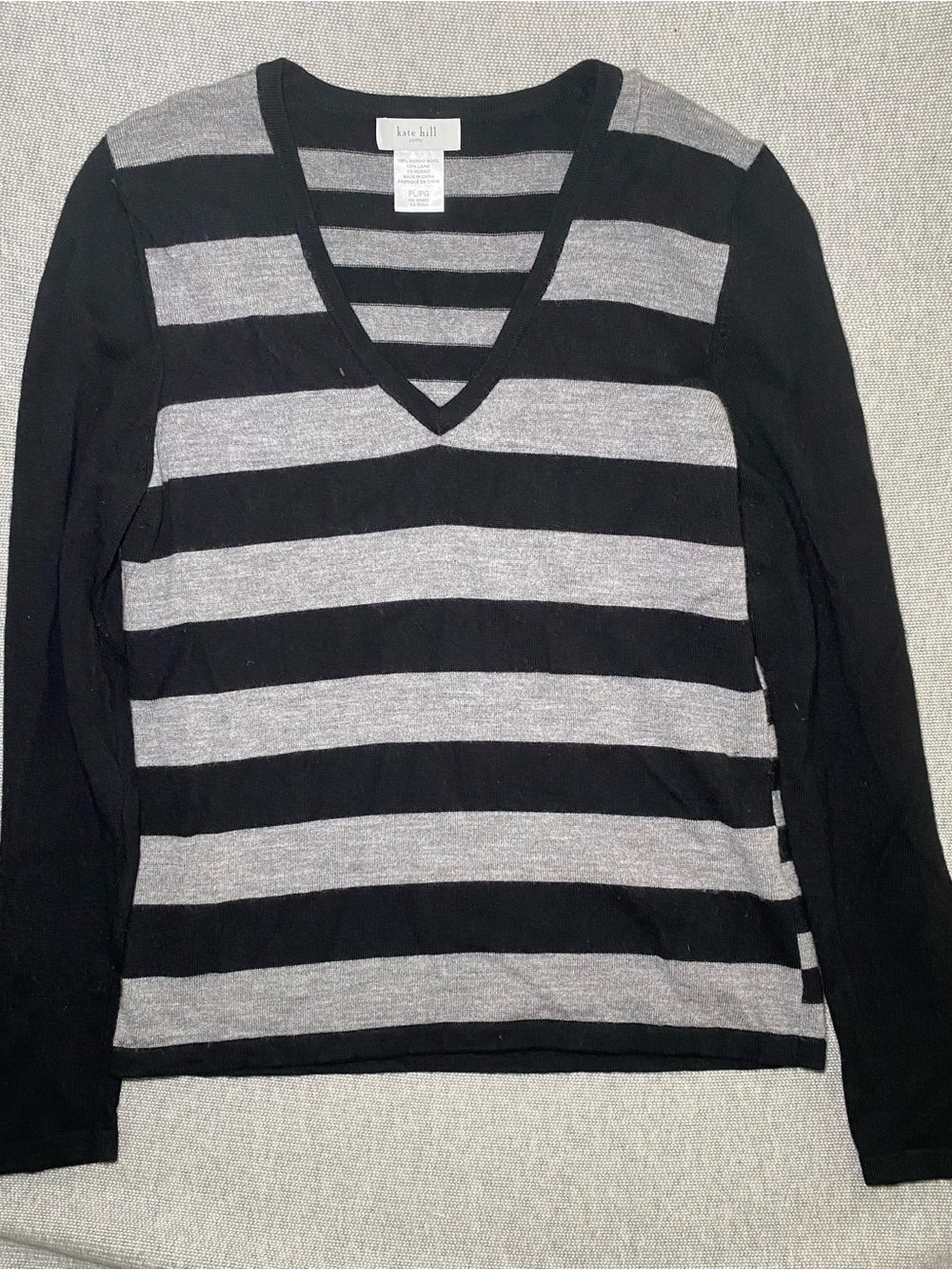 Kate Hill Women Black Grey Striped 100% Merino Wool Long Sleeve Sweater Petite L